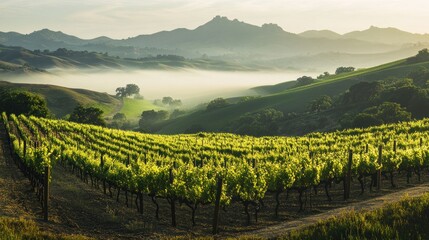 Fototapeta premium Vineyard Landscape with Rolling Hills and Fog