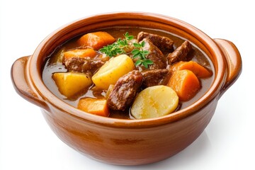 A hearty beef stew with potatoes, carrots, and herbs in a traditional clay pot. A perfect comfort food for a cold day.