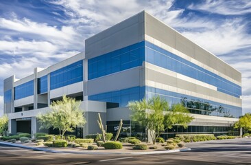 Modern office building in Scottsdale, California with gray and blue exterior, large windows, surrounding greenery, trees, and bright sunny sky with white clouds.