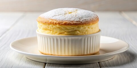 Fluffy and golden souffle on a white plate , dessert, sweet, baked, French cuisine, delicate, airy, light, elegant