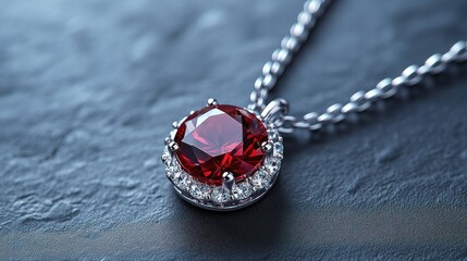 Elegant silver necklace featuring a large red gemstone pendant.