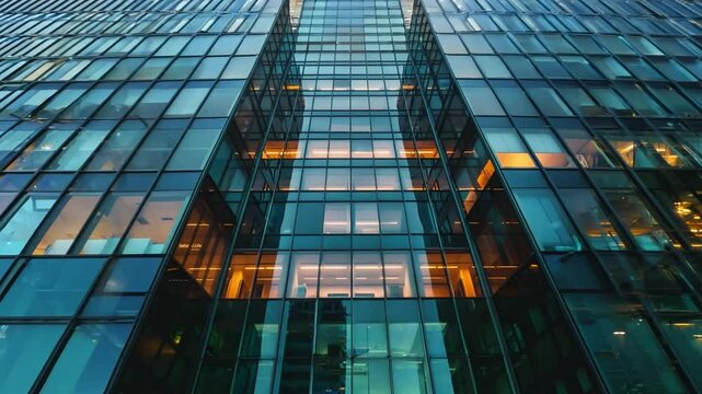 The sleek exterior of a contemporary glass structure displays illuminated interior offices against a twilight sky.