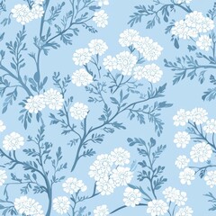 Yarrow pattern on soft pale blue pastel background, top down view, creating a serene and delicate aesthetic.
