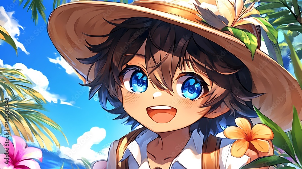 Sticker Happy Anime Boy in a Straw Hat Holding a Flower.