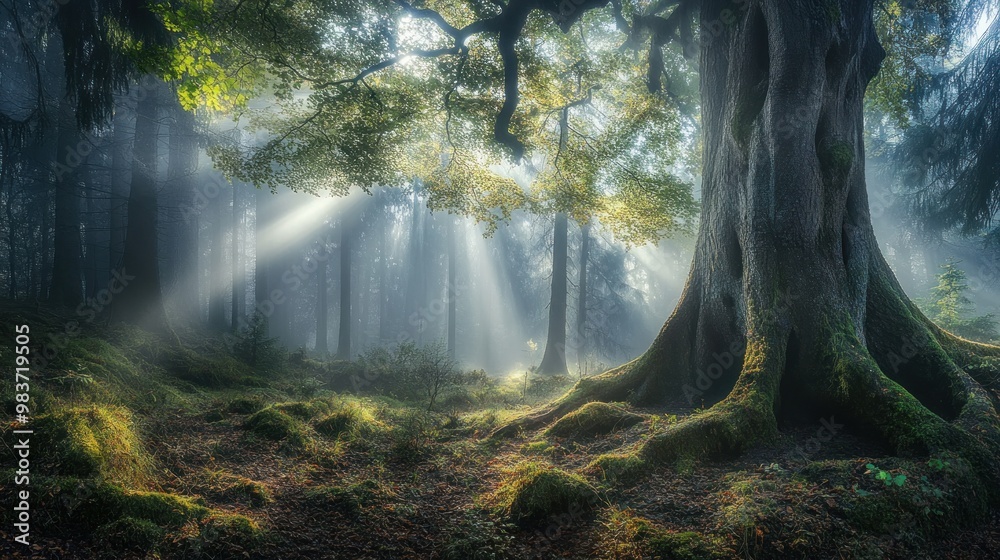 Wall mural Sunbeams Illuminating a Mystical Forest