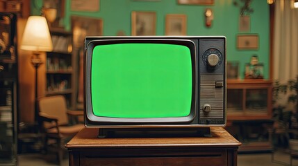 Retro Television with Green Screen in a Vintage Room Setting
