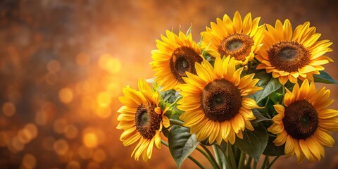 Fototapeta premium Close-up of a bouquet of sunflowers on a blurred brown background, Sunflowers, bouquet, yellow, bright, vibrant