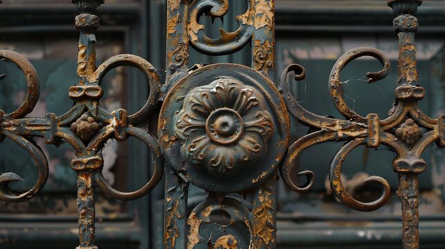 Detail of a black wrought iron fence on a street in Paris