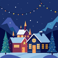 Fototapeta premium Christmas suburban winter wonderland with colorful lights, Christmas decorated houses, Christmas colorful lights, night time, starry night