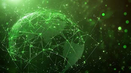 Digital representation of a green globe illuminated by interconnected lines and particles