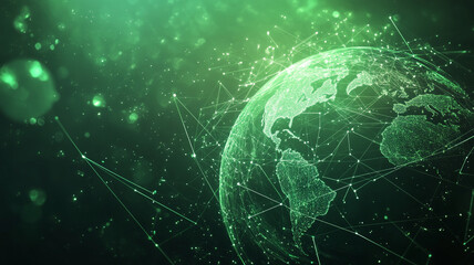 Digital representation of Earth with green technological connections in a dark background
