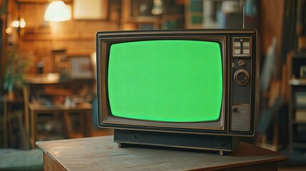 Vintage Television with Green Screen on Wooden Table