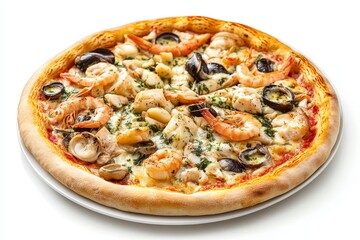 A mouthwatering seafood pizza topped with fresh shrimp, clams, olives, and a sprinkle of parsley, creating a symphony of flavors. The pizza is perfectly cooked with a golden-brown crust and gooey chee