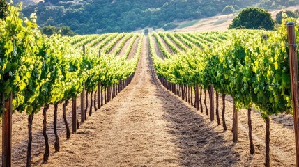 Naklejka premium Vineyard Rows Leading to a Distant Hillside