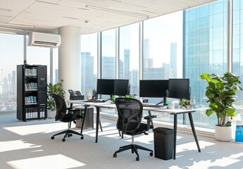 Modern office with ergonomic chairs, high-tech desks, large windows, bright lighting, plants, and minimalist furniture for a clean professional workspace