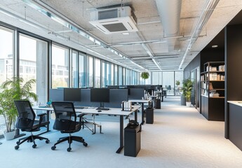 Modern office with ergonomic chairs, high-tech desks, large windows, bright lighting, plants, and minimalist furniture for a clean professional workspace