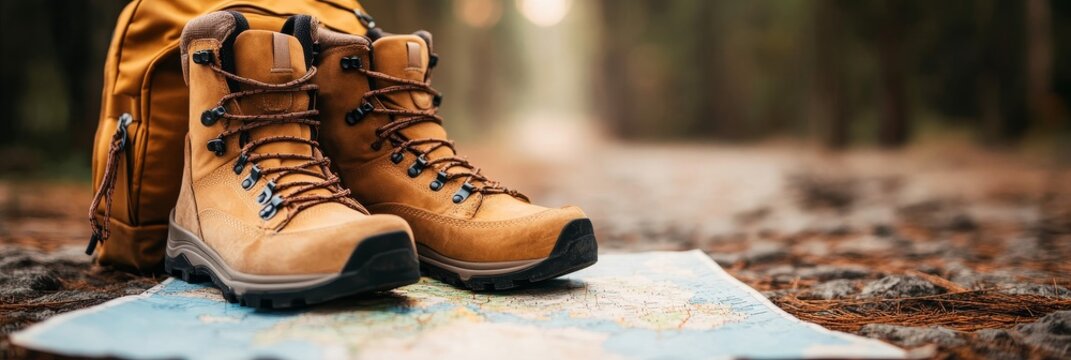 A pair of sturdy hiking boots and a stylish backpack rest on a map, ready for an adventure in the great outdoors. The boots are brown leather with laces and are made for rugged terrain. The backpack i
