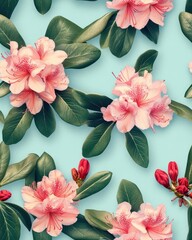 Rhododendron pattern on light sky blue pastel background, top down view with a hint of lavender hues.