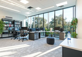 Modern office with ergonomic chairs, high-tech desks, large windows, bright lighting, plants, and minimalist furniture for a clean professional workspace