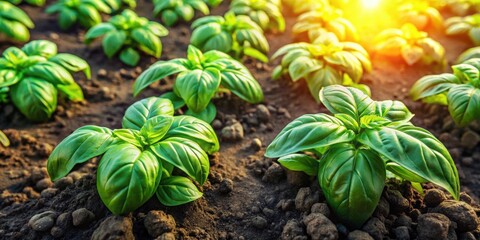 Top view of fresh basil plants growing on a sunny farm field, farm, agriculture, basil, herbs, growth, green, top view