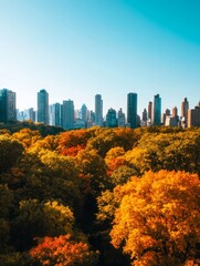 Obraz premium A picturesque cityscape showcasing a vibrant blend of fall foliage and towering skyscrapers, capturing the beauty of urban nature.