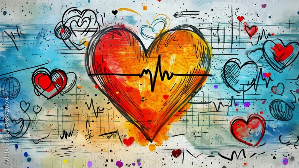 Aufkleber An abstract design showcases a large red heart with a heartbeat line running through it, surrounded by smaller colorful hearts and energetic patterns, expressing love and vibrancy.