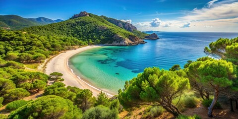 Obraz premium Sardinian beach surrounded by lush green trees, Sardinia, Italy, beach, trees, coastline, Mediterranean, summer, paradise
