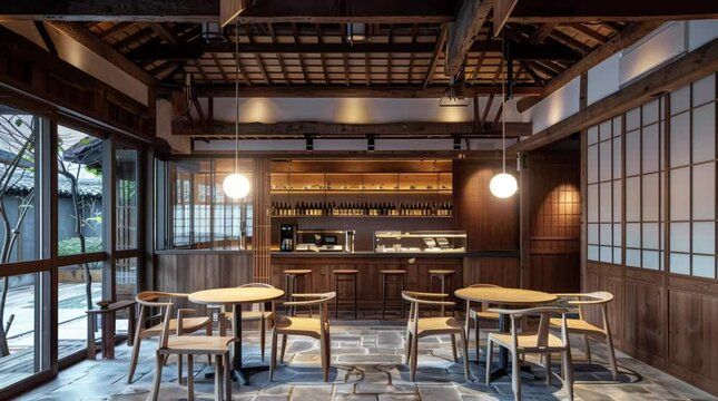Warm, glowing interior of a caf&eacute; at night, filled with soft lights and a cozy atmosphere
 Seamless looping 4k time-lapse virtual video animation Generated AI