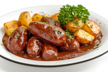 A plate of mouthwatering Currywurst, a classic German street food, featuring savory sausage smothered in curry ketchup, served with crispy fried potatoes and fresh parsley.