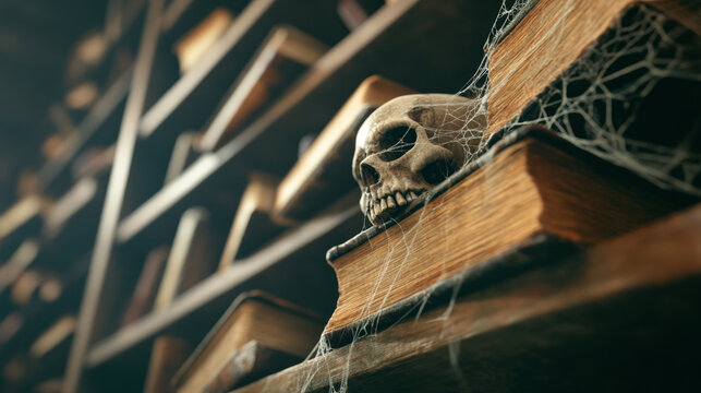 Ancient books and skull are nestled among cobwebs in dimly lit library, creating an eerie and mysterious atmosphere. This scene evokes sense of curiosity and intrigue