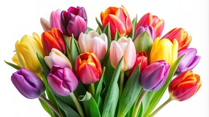 Obraz premium Bouquet of vibrant tulips isolated on white background, spring, flowers, colorful, petals, foliage, fresh, floral arrangement