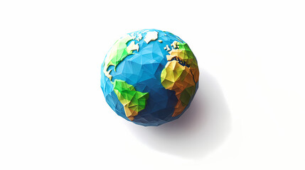 Low poly earth globe icon with realistic world map and shadow on white background 3d illustration. Low Poly. Illustration