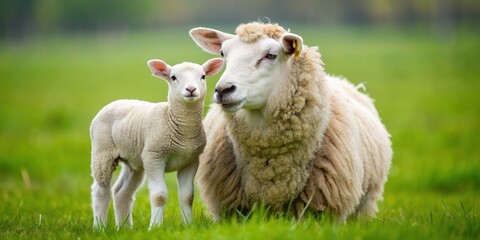 Naklejka premium Mother sheep nuzzling her adorable lamb in a green field, mother, sheep, lamb, baby, cute, adorable, cuddle, bond, love, affection