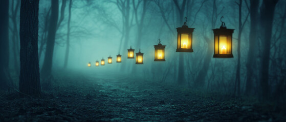 Naklejka premium A spooky forest path lined with glowing lanterns creates an enchanting atmosphere, inviting exploration through misty woods. eerie glow adds sense of mystery and wonder