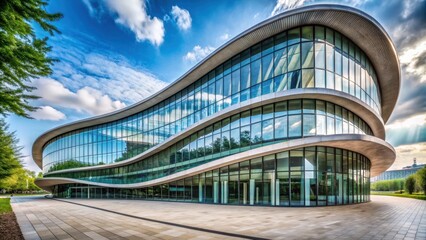 Fototapeta premium Modern architectural building with curvy stone and glass exterior , futuristic, contemporary, design, architecture