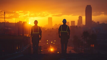 Fototapeta premium Silhouetted construction crew working at a job site, with a blurred city skyline and machinery setting the stage for a bustling urban project.
