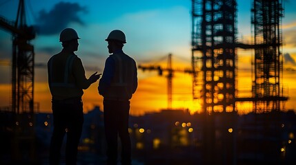 Fototapeta premium Construction crew and engineers in silhouette, discussing project plans at a worksite, while cranes and scaffolding are blurred in the background.