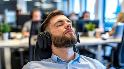 Obraz premium Man wearing noise-canceling headphones, focused and relaxed in a busy office environment, symbolizing the concept of noise cancellation and productivity enhancement.