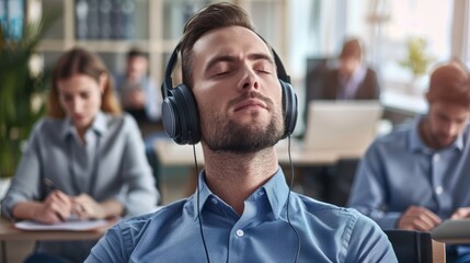 Man wearing noise-canceling headphones, focused and relaxed in a busy office environment, symbolizing the concept of noise cancellation and productivity enhancement.