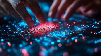 Detailed image of hands examining a digital fingerprint scan with advanced forensic tools, showcasing the precision in analyzing fingerprint data.