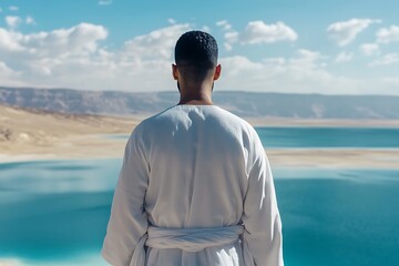 Fototapeta premium Man in White Robe Gazing at a Blue Lake in the Desert