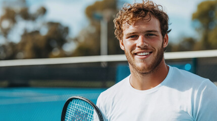 Australian athlete man holding a tennis racket on an outdoor tennis court