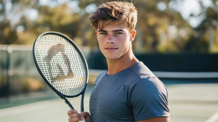 Australian athlete man holding a tennis racket on an outdoor tennis court
