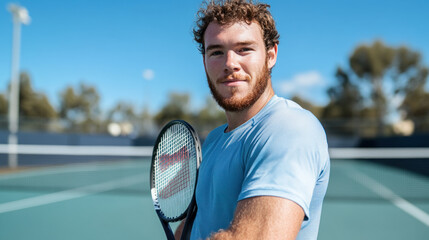 Australian athlete man holding a tennis racket on an outdoor tennis court