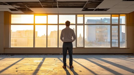 Businessman standing alone in an empty office, reflecting on closure, void of furniture, sunlight streaming through windows, capturing poignant moment of transition and loss