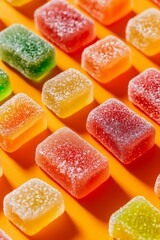 Gummy candy fruit on orange background 