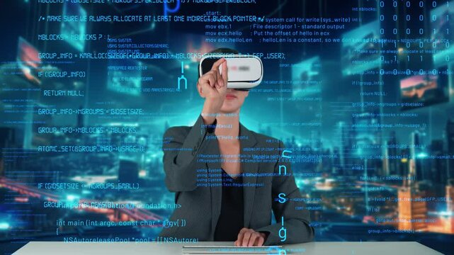 IT developer typing computer code for analyzing intelligent website development coder system data selection by VR innovation interface digital network technology visual hologram server. Contraption.