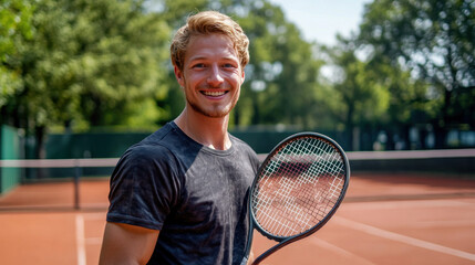 Germany athlete man holding a tennis racket on an outdoor tennis court