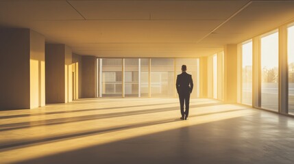 Businessman standing alone in an empty office, reflecting on closure, void of furniture, sunlight streaming through windows, capturing poignant moment of transition and loss