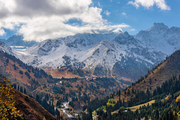 Picturesque landscape in the Trans-Ili Alatau mountains in the vicinity of the Kakhastan city of Almaty on an autumn day